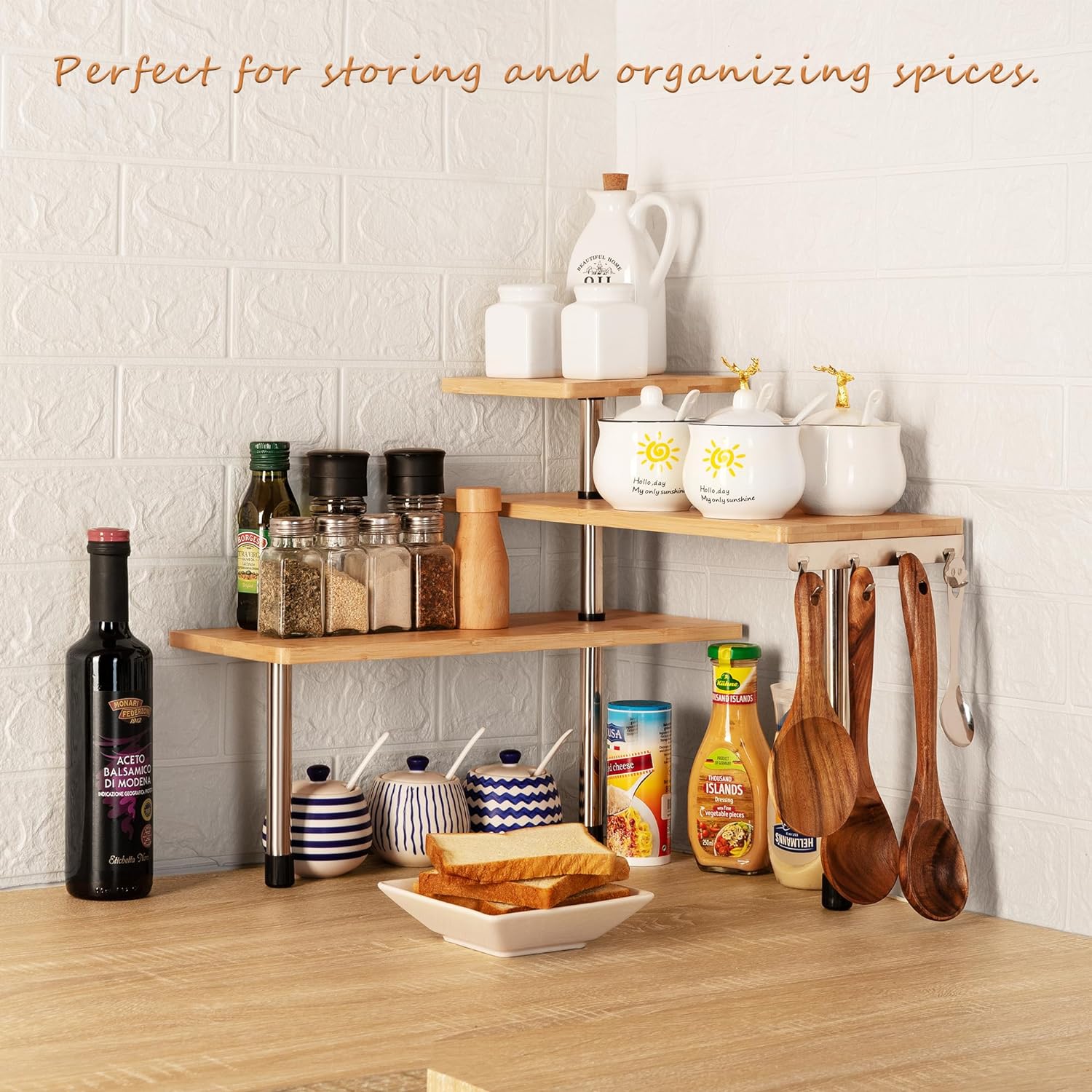 3 Tier Corner Shelf Kitchen Spice Rack Organiser with Hooks for Home Storage & Organisation - Home & Garden > DIY > Kitchen & Bathroom DIY - Rivercity House & Home Co. (ABN 18 642 972 209) - Affordable Modern Furniture Australia