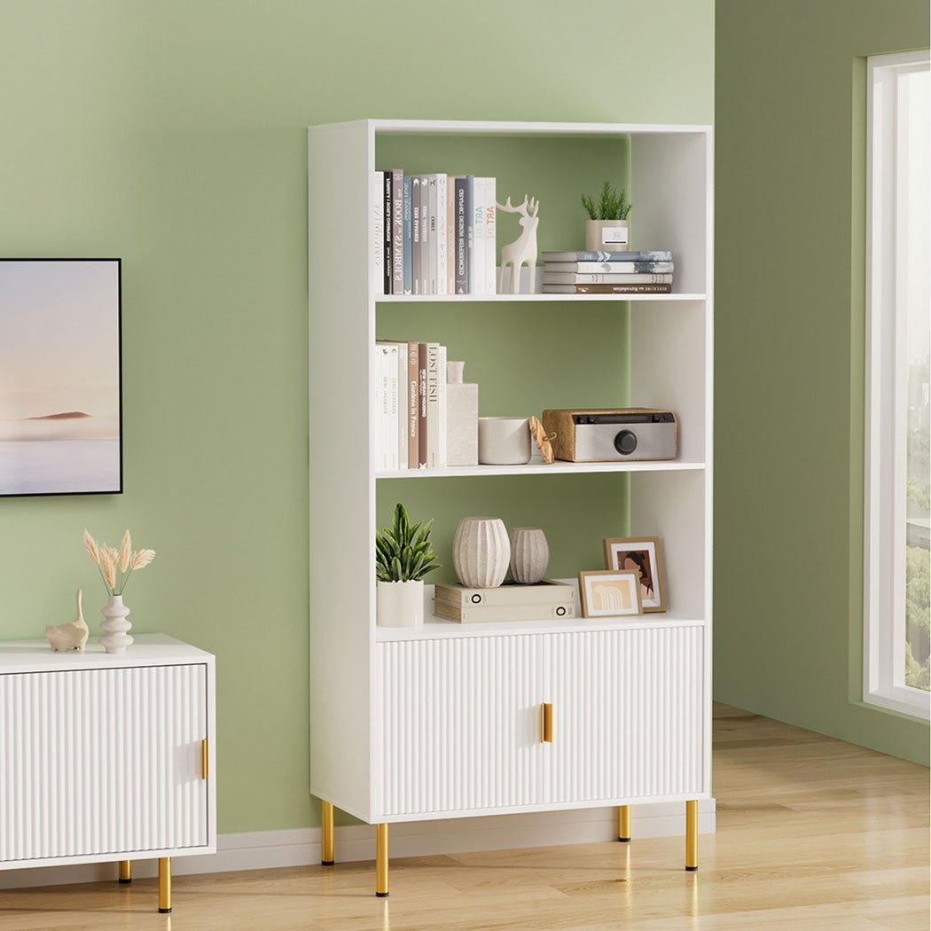 3 Tier Display Shelf with Cabinet and Gold Legs - White - Rivercity House & Home Co. (ABN 18 642 972 209) - Affordable Modern Furniture Australia
