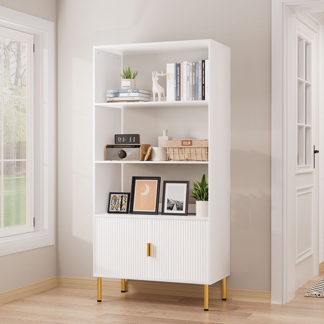 3 Tier Display Shelf with Cabinet and Gold Legs - White - Rivercity House & Home Co. (ABN 18 642 972 209) - Affordable Modern Furniture Australia