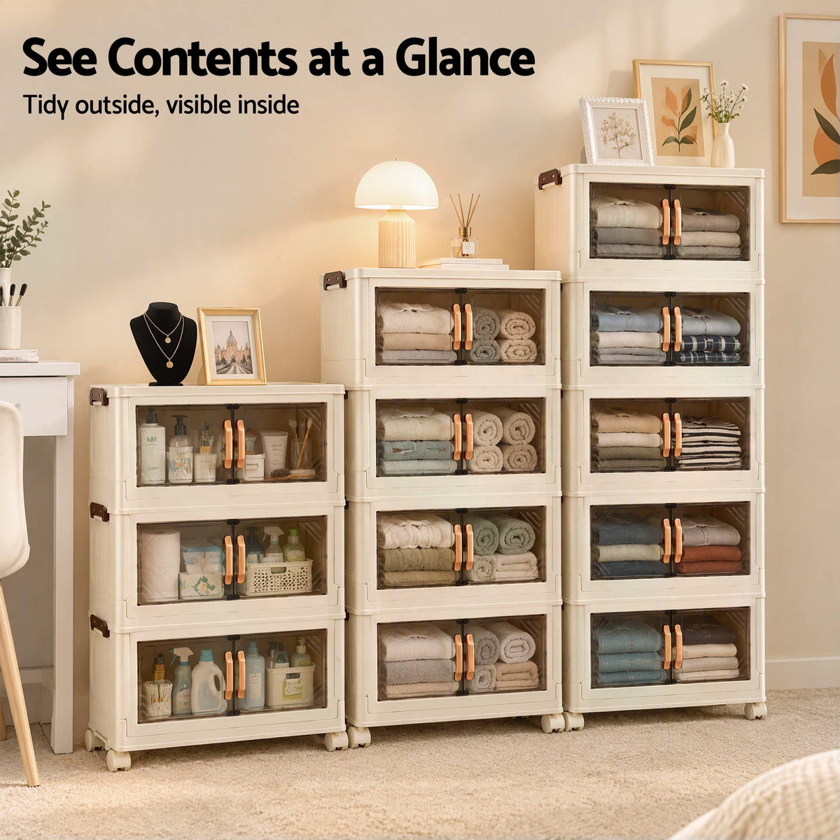3-Tier Foldable Stackable Storage Cabinet with Clear Magnetic Doors and Lockable Wheels - White - Home & Garden > Storage > Storage Boxes - Rivercity House & Home Co. (ABN 18 642 972 209) - Affordable Modern Furniture Australia