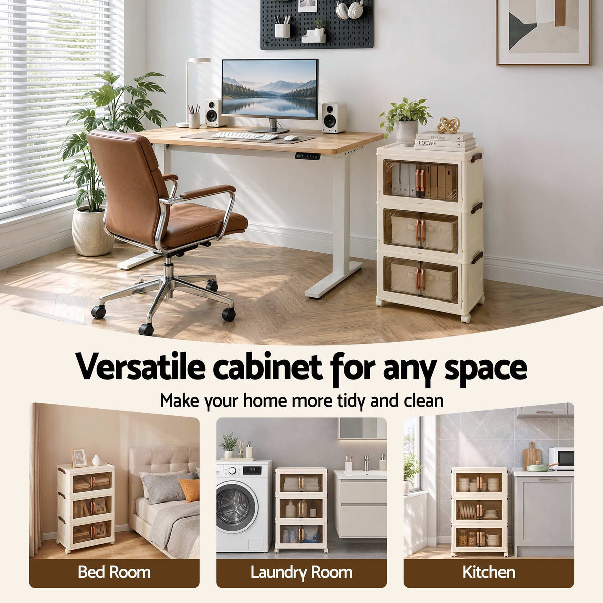 3-Tier Foldable Stackable Storage Cabinet with Clear Magnetic Doors and Lockable Wheels - White - Home & Garden > Storage > Storage Boxes - Rivercity House & Home Co. (ABN 18 642 972 209) - Affordable Modern Furniture Australia