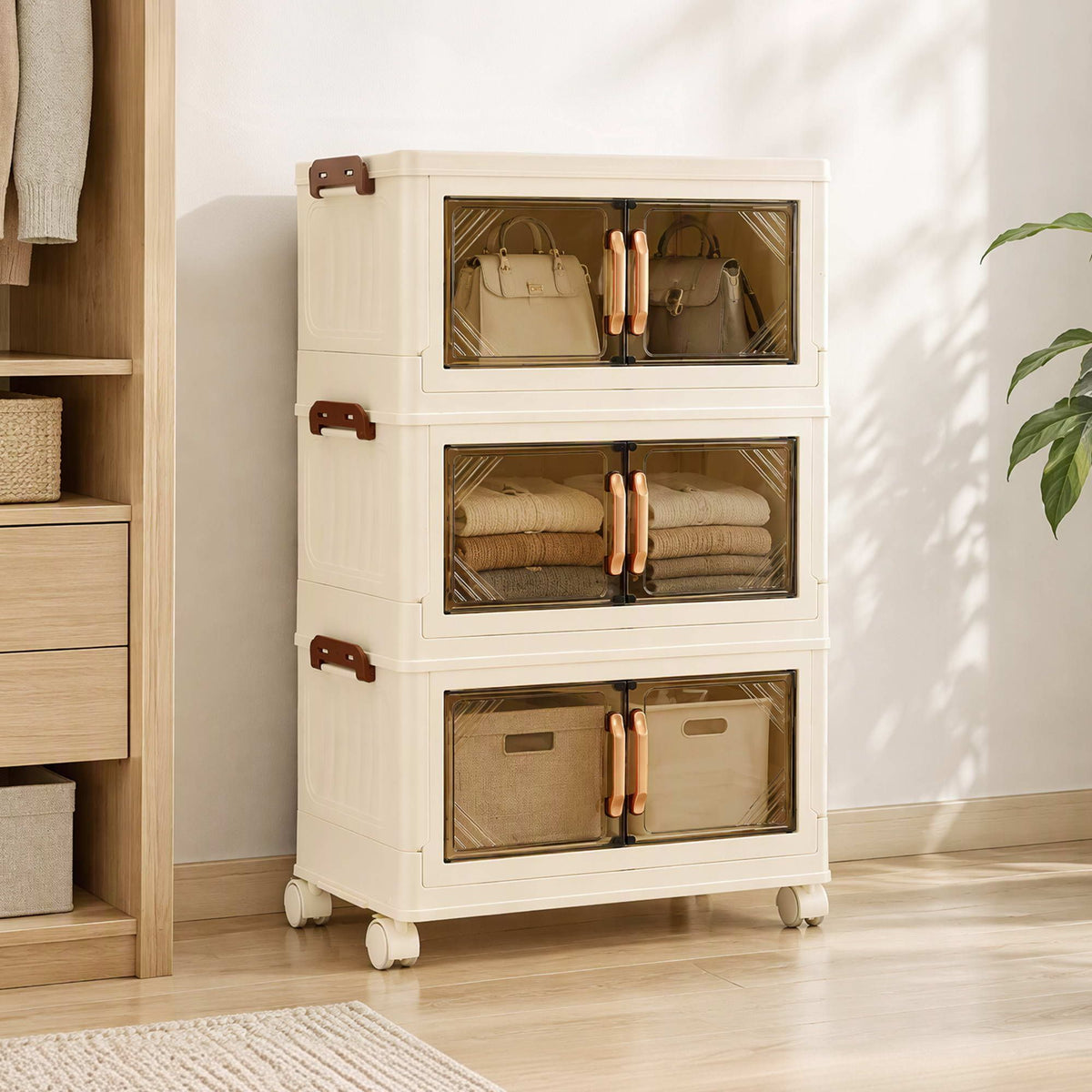 3-Tier Foldable Stackable Storage Cabinet with Clear Magnetic Doors and Lockable Wheels - White - Home & Garden > Storage > Storage Boxes - Rivercity House & Home Co. (ABN 18 642 972 209) - Affordable Modern Furniture Australia