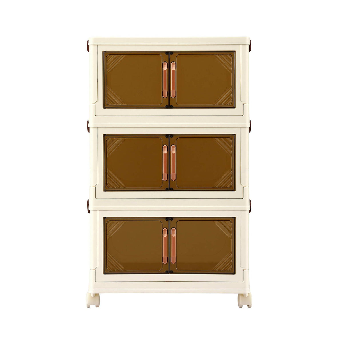 3-Tier Foldable Stackable Storage Cabinet with Clear Magnetic Doors and Lockable Wheels - White - Home & Garden > Storage > Storage Boxes - Rivercity House & Home Co. (ABN 18 642 972 209) - Affordable Modern Furniture Australia