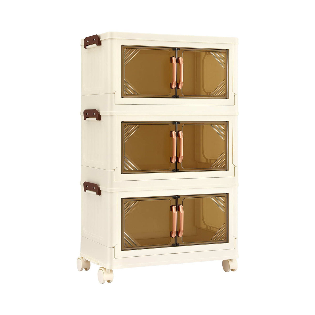 3-Tier Foldable Stackable Storage Cabinet with Clear Magnetic Doors and Lockable Wheels - White - Home & Garden > Storage > Storage Boxes - Rivercity House & Home Co. (ABN 18 642 972 209) - Affordable Modern Furniture Australia