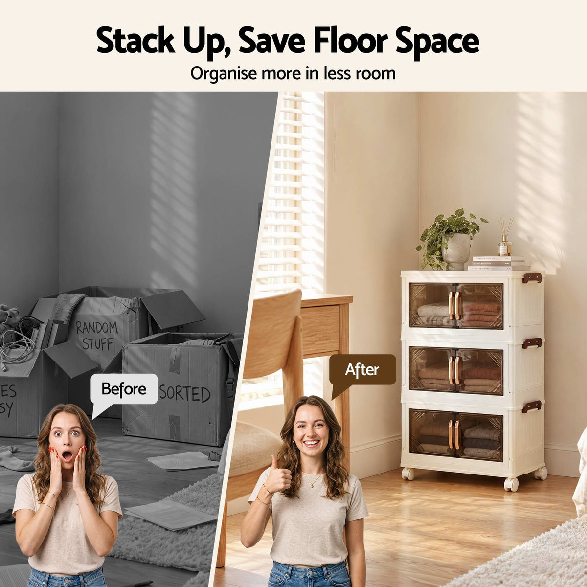 3-Tier Foldable Stackable Storage Cabinet with Clear Magnetic Doors and Lockable Wheels - White - Home & Garden > Storage > Storage Boxes - Rivercity House & Home Co. (ABN 18 642 972 209) - Affordable Modern Furniture Australia