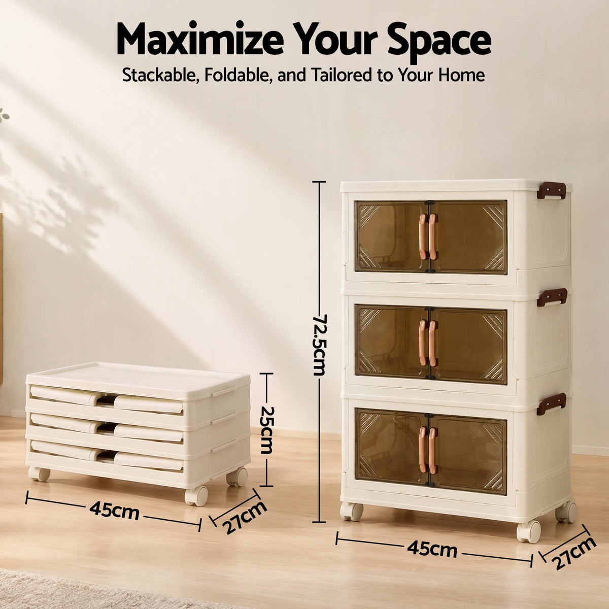 3-Tier Foldable Stackable Storage Cabinet with Clear Magnetic Doors and Lockable Wheels - White - Home & Garden > Storage > Storage Boxes - Rivercity House & Home Co. (ABN 18 642 972 209) - Affordable Modern Furniture Australia