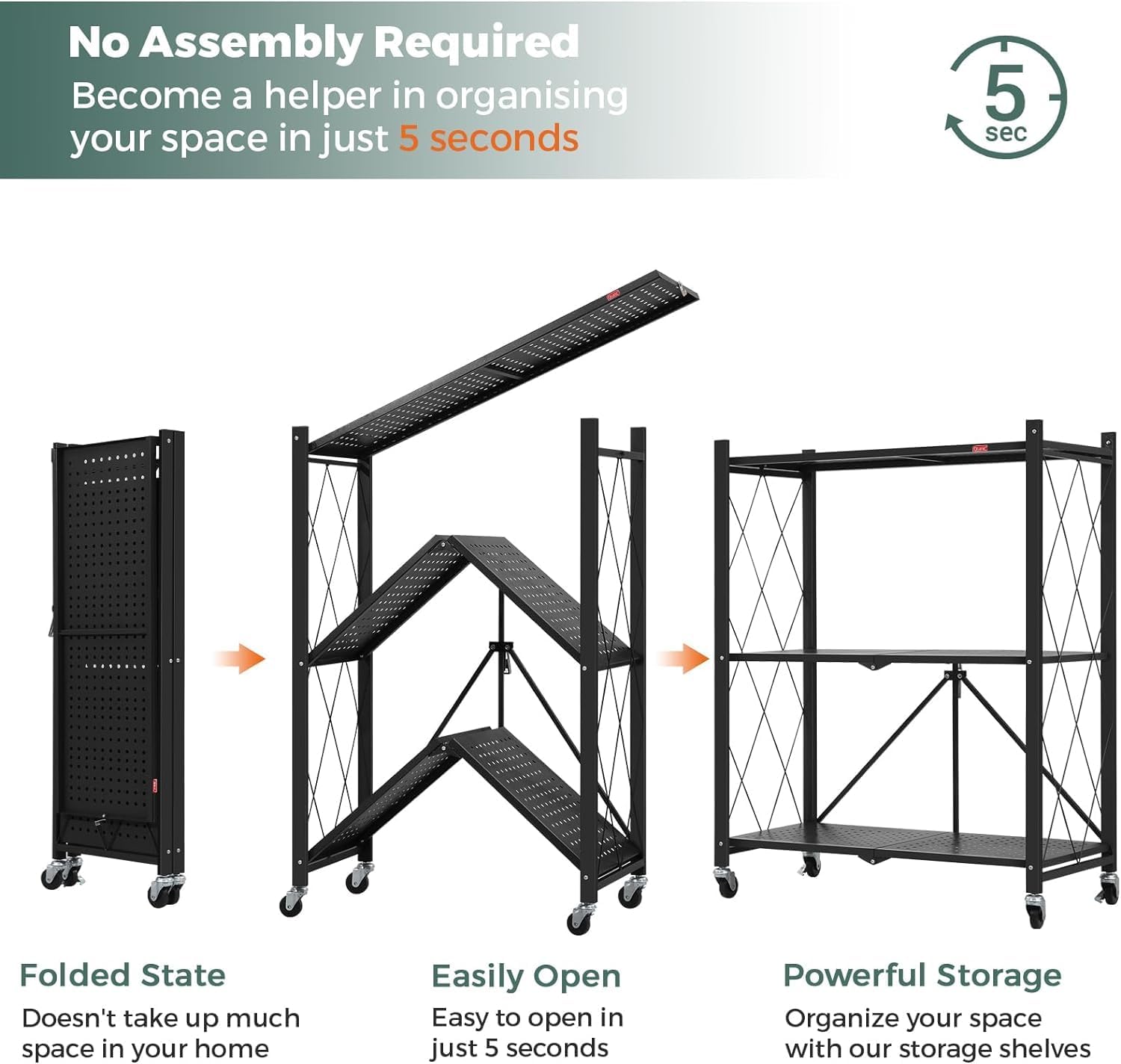 3 - Tier Foldable Storage Shelf with Wheels for Kitchen, Garage, Pantry or Basement (Black) - Home & Garden > DIY > Kitchen & Bathroom DIY - Rivercity House & Home Co. (ABN 18 642 972 209) - Affordable Modern Furniture Australia