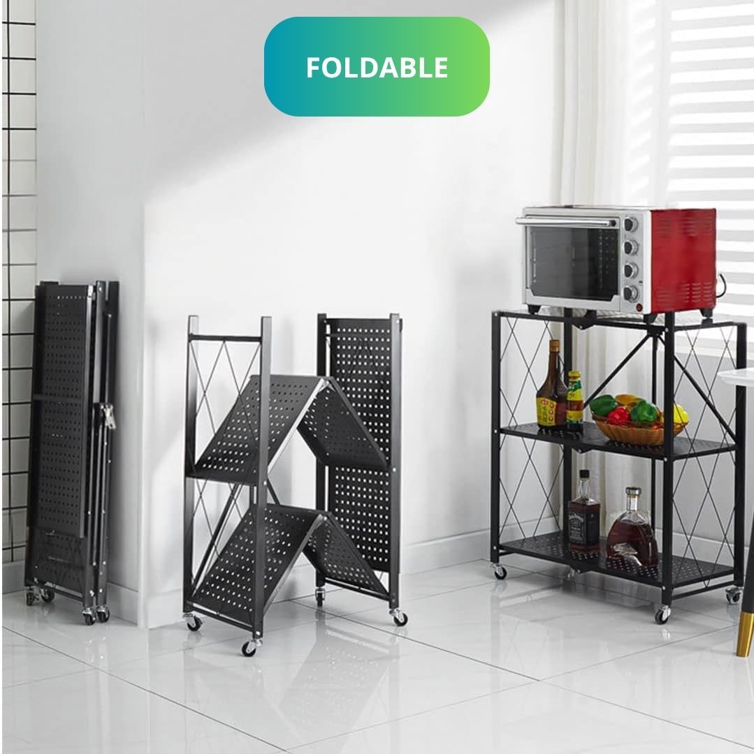 3 - Tier Foldable Storage Shelf with Wheels for Kitchen, Garage, Pantry or Basement (Black) - Home & Garden > DIY > Kitchen & Bathroom DIY - Rivercity House & Home Co. (ABN 18 642 972 209) - Affordable Modern Furniture Australia