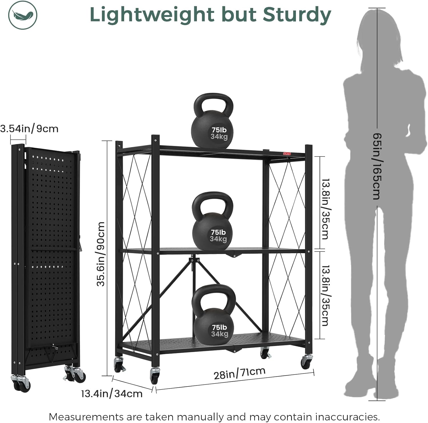 3 - Tier Foldable Storage Shelf with Wheels for Kitchen, Garage, Pantry or Basement (Black) - Home & Garden > DIY > Kitchen & Bathroom DIY - Rivercity House & Home Co. (ABN 18 642 972 209) - Affordable Modern Furniture Australia