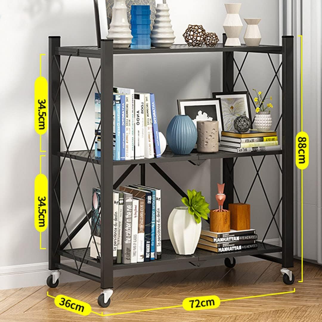 3 - Tier Foldable Storage Shelf with Wheels for Kitchen, Garage, Pantry or Basement (Black) - Home & Garden > DIY > Kitchen & Bathroom DIY - Rivercity House & Home Co. (ABN 18 642 972 209) - Affordable Modern Furniture Australia