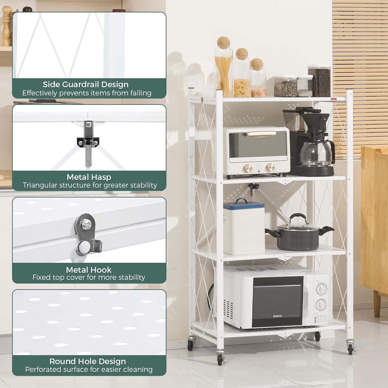 3 - Tier Foldable Storage Shelf with Wheels for Kitchen, Garage, Pantry or Basement (White) - Furniture > Dining > Kitchen & Dining Trolleys - Rivercity House & Home Co. (ABN 18 642 972 209) - Affordable Modern Furniture Australia