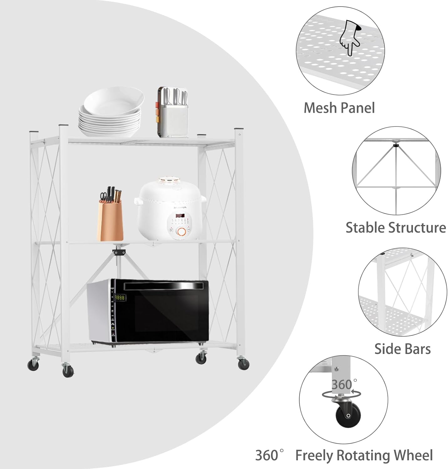 3 - Tier Foldable Storage Shelf with Wheels for Kitchen, Garage, Pantry or Basement (White) - Furniture > Dining > Kitchen & Dining Trolleys - Rivercity House & Home Co. (ABN 18 642 972 209) - Affordable Modern Furniture Australia