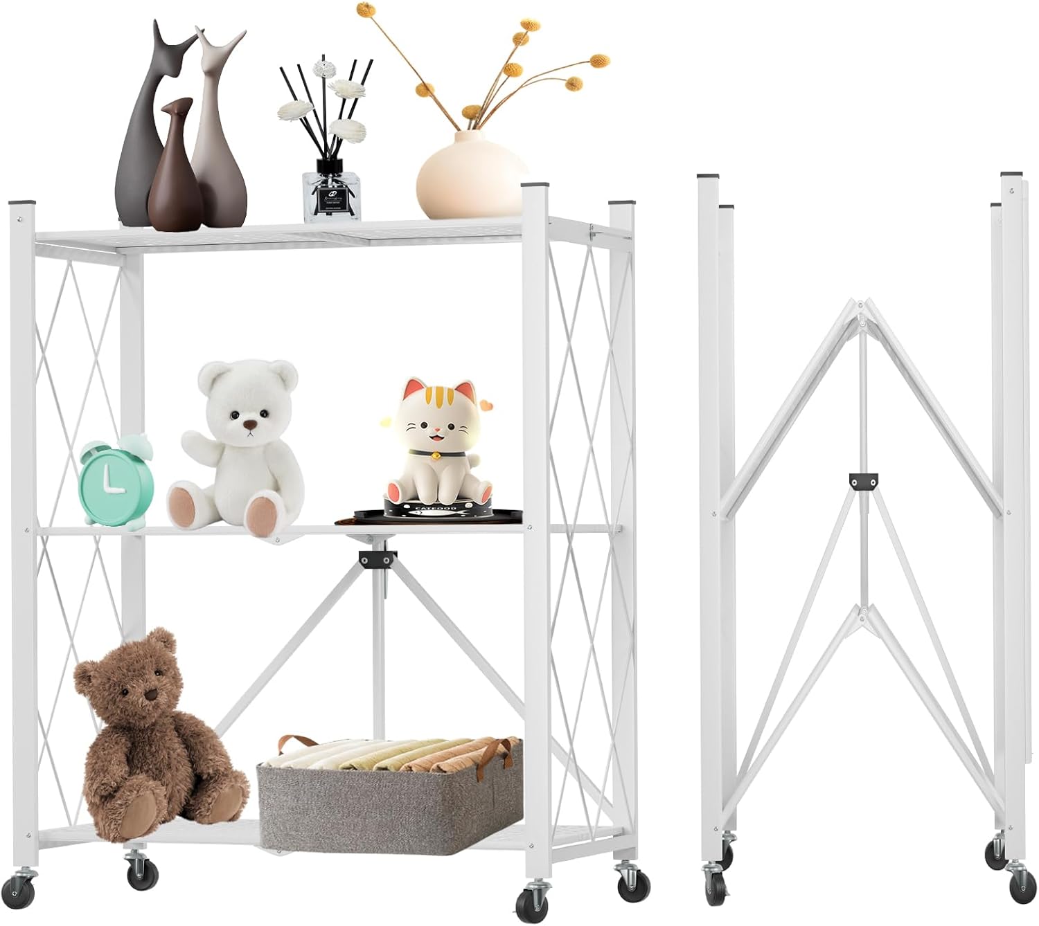 3 - Tier Foldable Storage Shelf with Wheels for Kitchen, Garage, Pantry or Basement (White) - Furniture > Dining > Kitchen & Dining Trolleys - Rivercity House & Home Co. (ABN 18 642 972 209) - Affordable Modern Furniture Australia