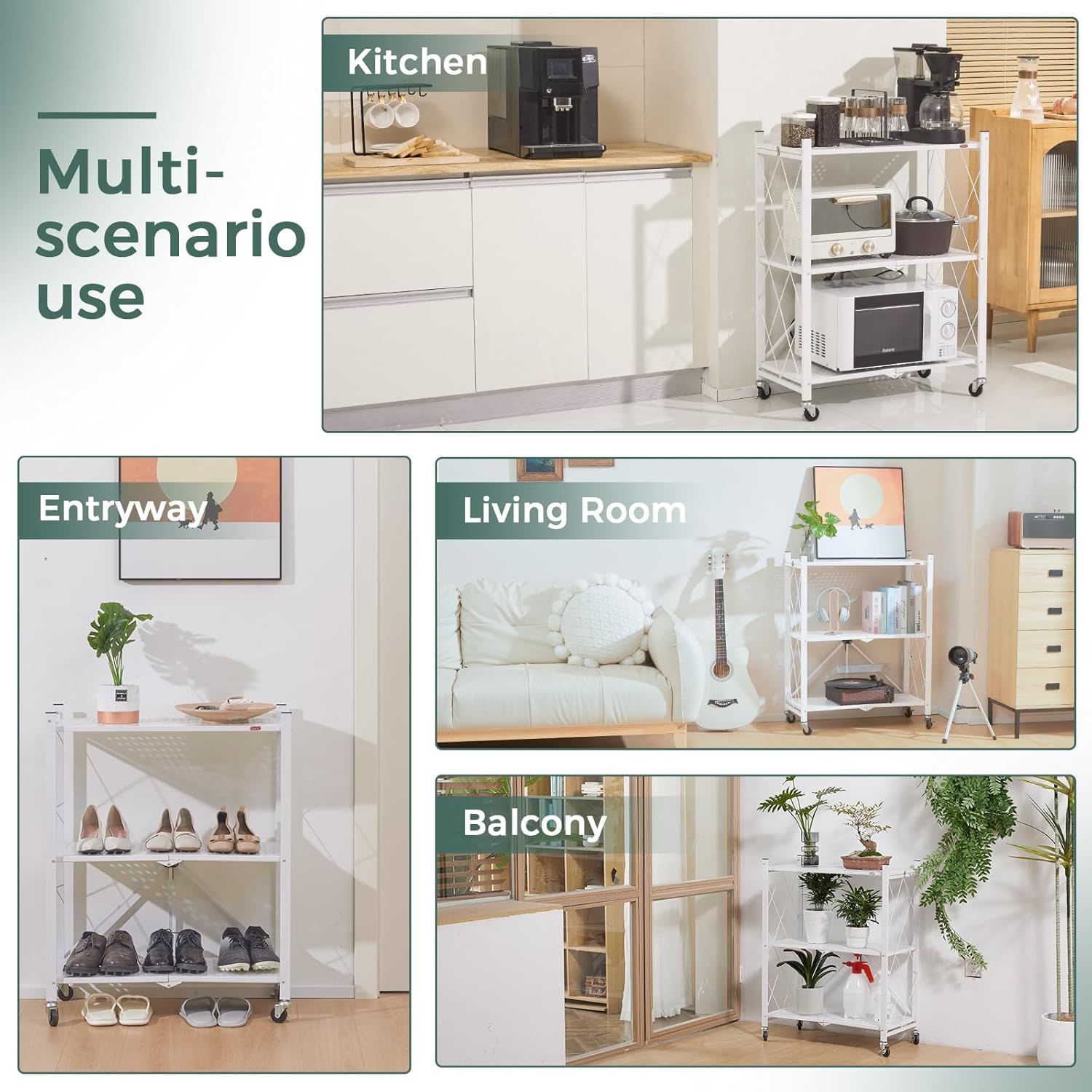 3 - Tier Foldable Storage Shelf with Wheels for Kitchen, Garage, Pantry or Basement (White) - Furniture > Dining > Kitchen & Dining Trolleys - Rivercity House & Home Co. (ABN 18 642 972 209) - Affordable Modern Furniture Australia