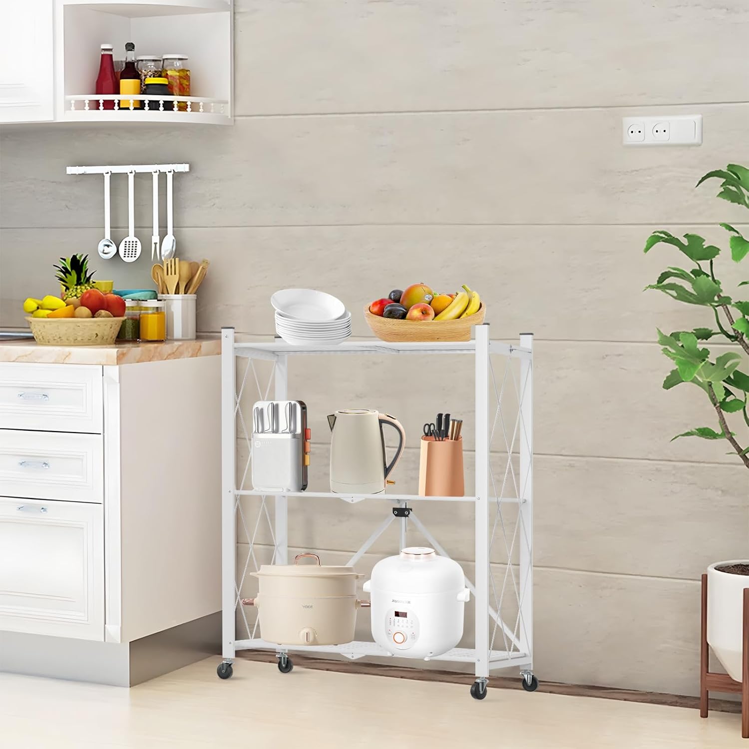 3 - Tier Foldable Storage Shelf with Wheels for Kitchen, Garage, Pantry or Basement (White) - Furniture > Dining > Kitchen & Dining Trolleys - Rivercity House & Home Co. (ABN 18 642 972 209) - Affordable Modern Furniture Australia