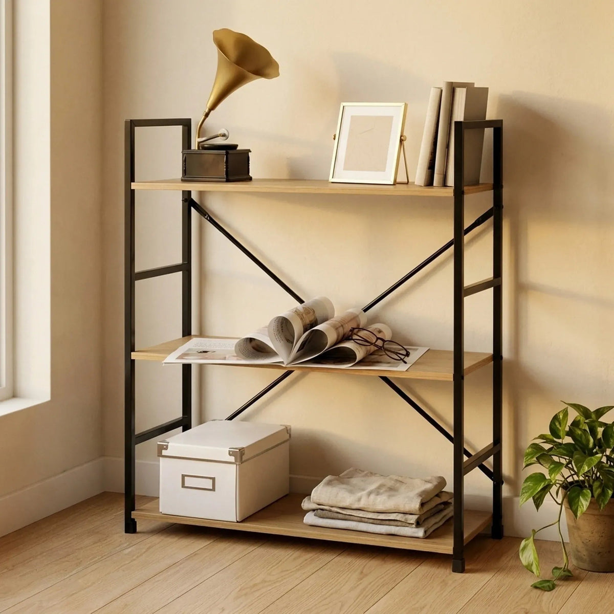 3 Tier Industrial Bookshelf with Steel Frame and MDF Shelves - Brown Rustic - Furniture > Living Room > Bookcases & Shelves - Rivercity House & Home Co. (ABN 18 642 972 209) - Affordable Modern Furniture Australia
