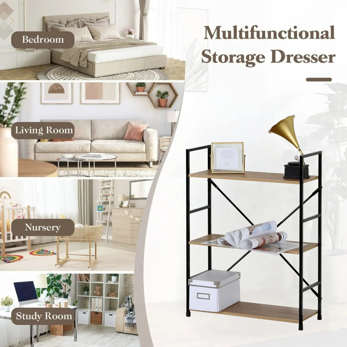 3 Tier Industrial Bookshelf with Steel Frame and MDF Shelves - Brown Rustic - Furniture > Living Room > Bookcases & Shelves - Rivercity House & Home Co. (ABN 18 642 972 209) - Affordable Modern Furniture Australia