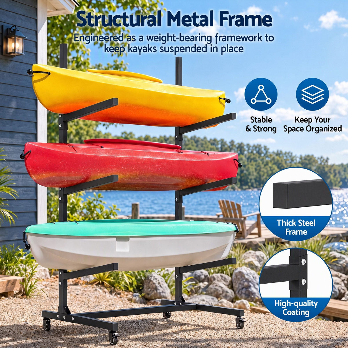 3-Tier Kayak Canoe SUP Paddleboard Storage Rack with Casters 80kg Capacity - Outdoor Recreation > Boating > Canoes & Kayaks - Rivercity House & Home Co. (ABN 18 642 972 209) - Affordable Modern Furniture Australia