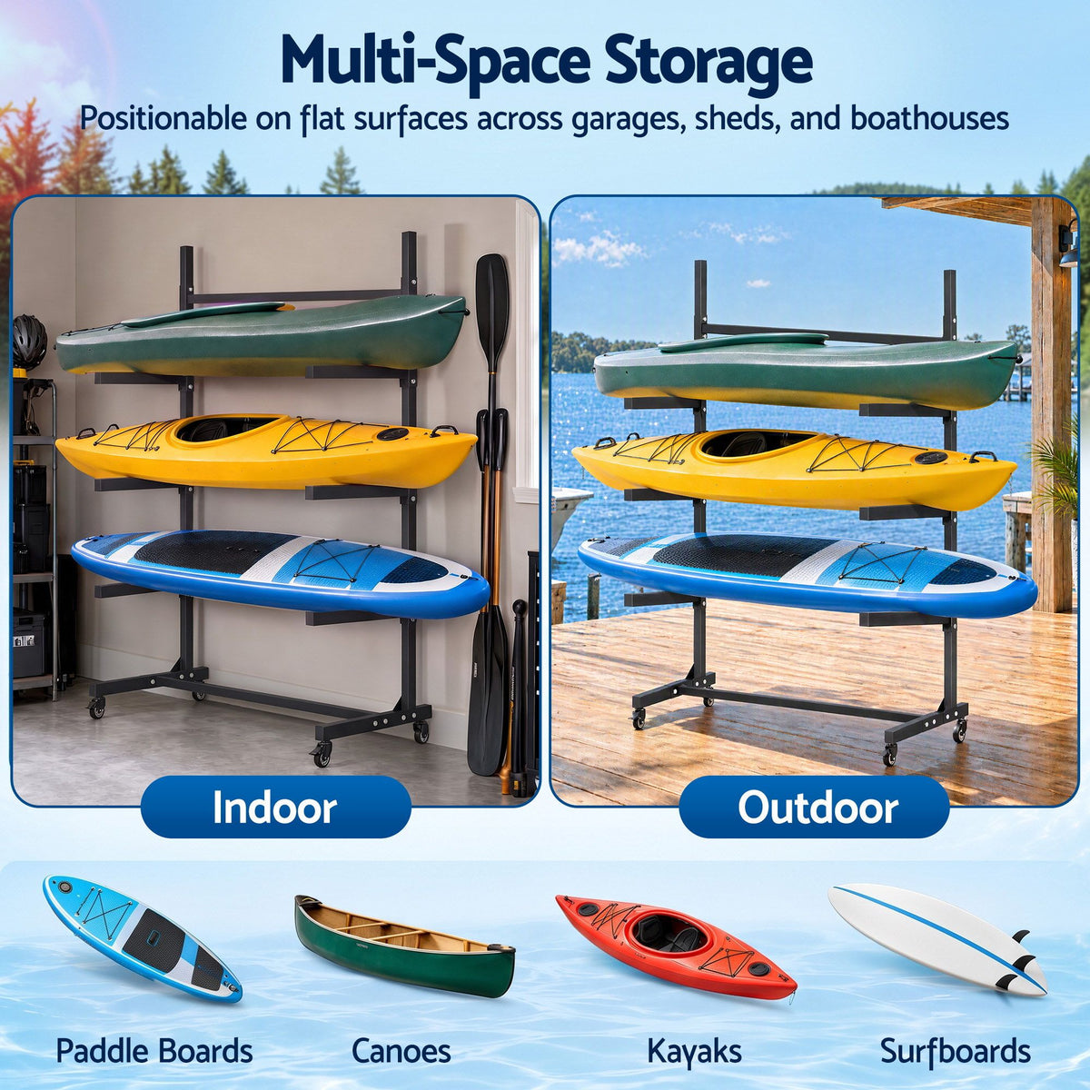 3-Tier Kayak Canoe SUP Paddleboard Storage Rack with Casters 80kg Capacity - Outdoor Recreation > Boating > Canoes & Kayaks - Rivercity House & Home Co. (ABN 18 642 972 209) - Affordable Modern Furniture Australia