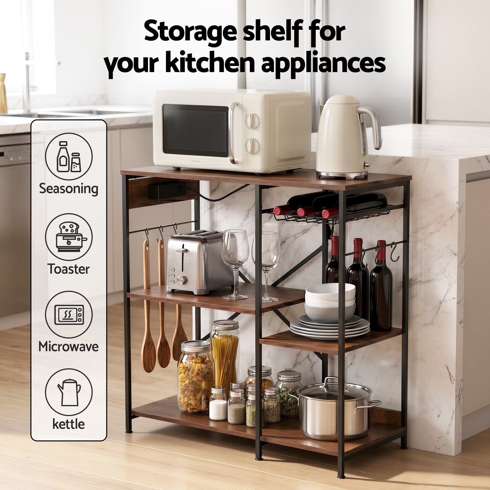 3 - Tier Kitchen Rack with 2 Power Outlets Microwave Storage Shelf 6 Hooks 90CM - Home & Garden > Kitchenware > Kitchen Utensils - Rivercity House & Home Co. (ABN 18 642 972 209) - Affordable Modern Furniture Australia