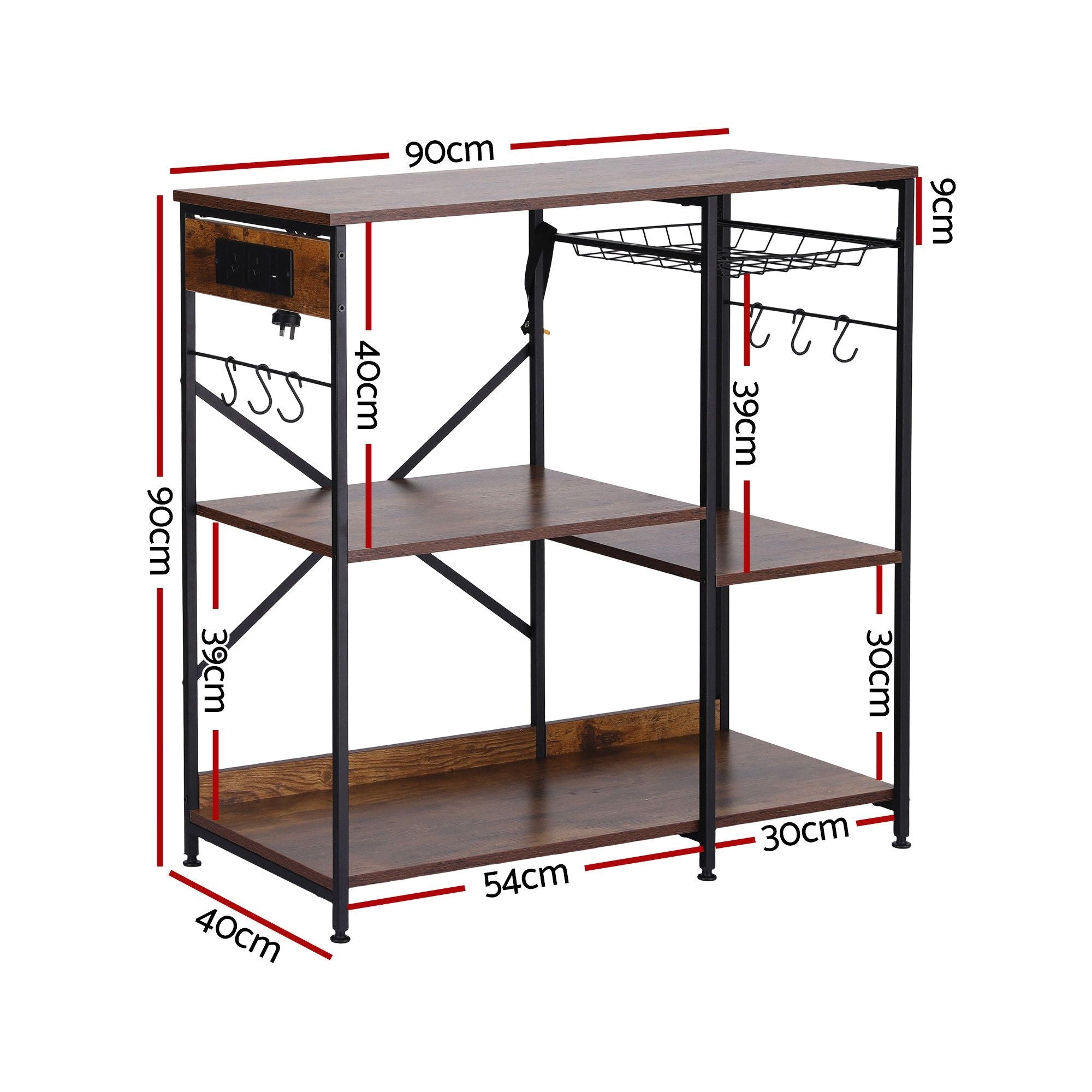 3 - Tier Kitchen Rack with 2 Power Outlets Microwave Storage Shelf 6 Hooks 90CM - Home & Garden > Kitchenware > Kitchen Utensils - Rivercity House & Home Co. (ABN 18 642 972 209) - Affordable Modern Furniture Australia