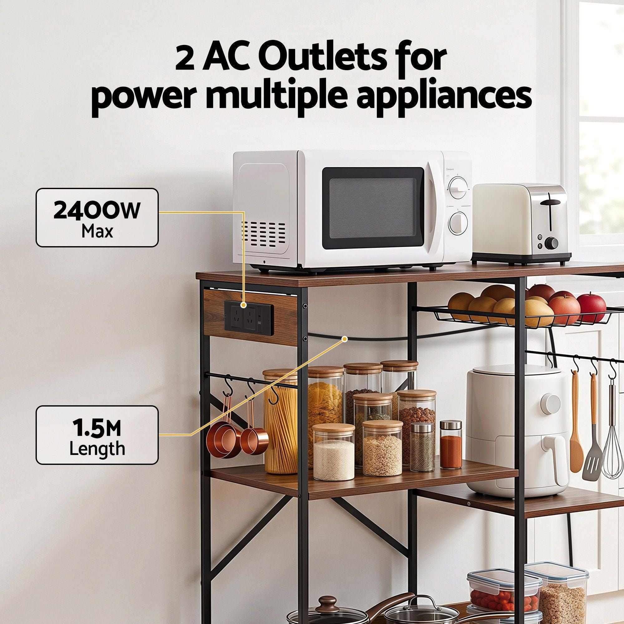 3 - Tier Kitchen Rack with 2 Power Outlets Microwave Storage Shelf 6 Hooks 90CM - Home & Garden > Kitchenware > Kitchen Utensils - Rivercity House & Home Co. (ABN 18 642 972 209) - Affordable Modern Furniture Australia
