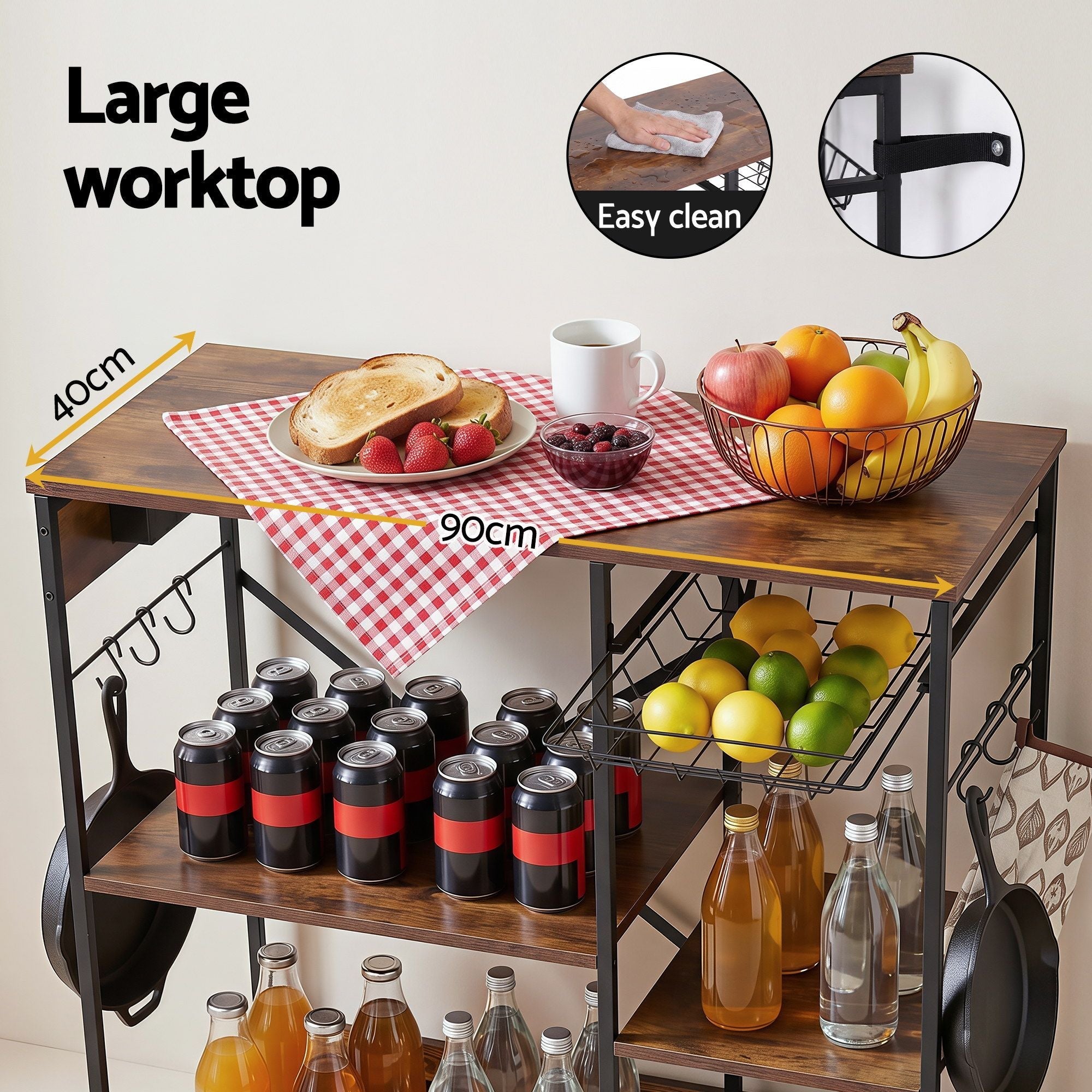 3 - Tier Kitchen Rack with 2 Power Outlets Microwave Storage Shelf 6 Hooks 90CM - Home & Garden > Kitchenware > Kitchen Utensils - Rivercity House & Home Co. (ABN 18 642 972 209) - Affordable Modern Furniture Australia