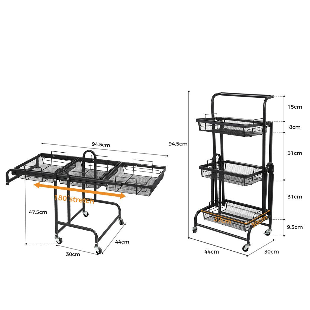 3 Tier Kitchen Storage Trolley Cart with Swivel Wheels - Black - Rivercity House & Home Co. (ABN 18 642 972 209) - Affordable Modern Furniture Australia