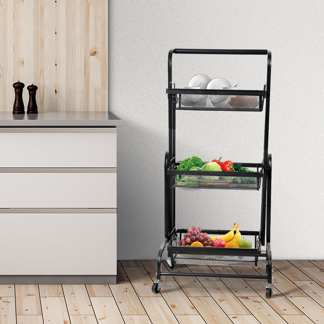 3 Tier Kitchen Storage Trolley Cart with Swivel Wheels - Black - Rivercity House & Home Co. (ABN 18 642 972 209) - Affordable Modern Furniture Australia