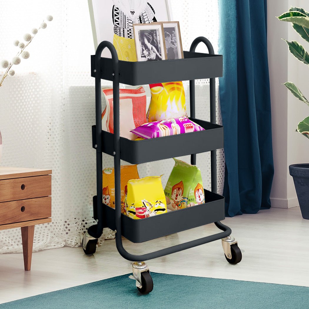 3 - Tier Kitchen Storage Trolley Cart with Wheels - Grey - Rivercity House & Home Co. (ABN 18 642 972 209) - Affordable Modern Furniture Australia