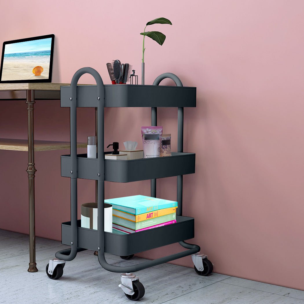 3 - Tier Kitchen Storage Trolley Cart with Wheels - Grey - Rivercity House & Home Co. (ABN 18 642 972 209) - Affordable Modern Furniture Australia
