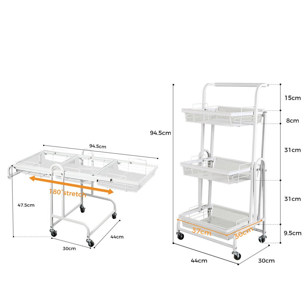 3 Tier Kitchen Trolley Cart with Swivel Wheels - White - Rivercity House & Home Co. (ABN 18 642 972 209) - Affordable Modern Furniture Australia