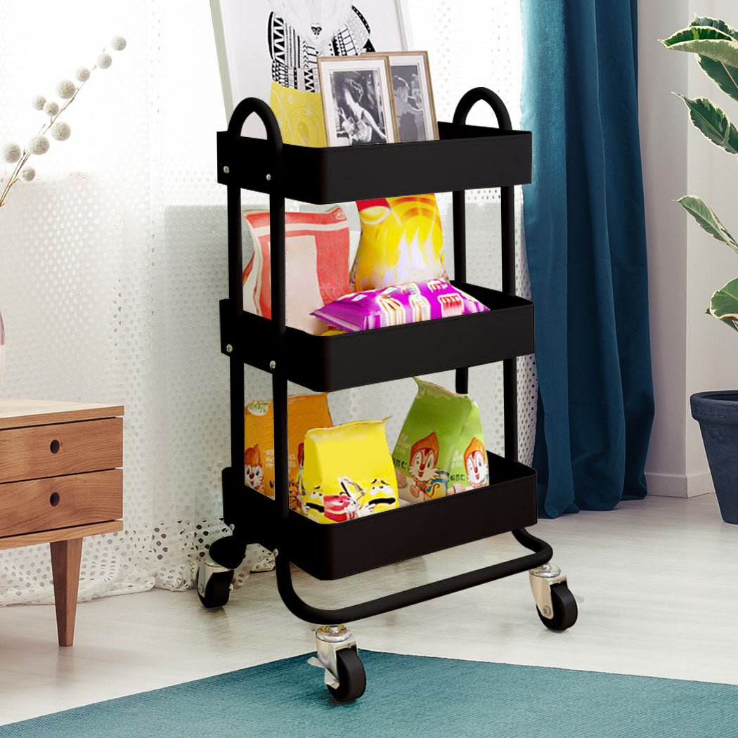 3 - Tier Kitchen Trolley Cart with Wheels - Black - Rivercity House & Home Co. (ABN 18 642 972 209) - Affordable Modern Furniture Australia