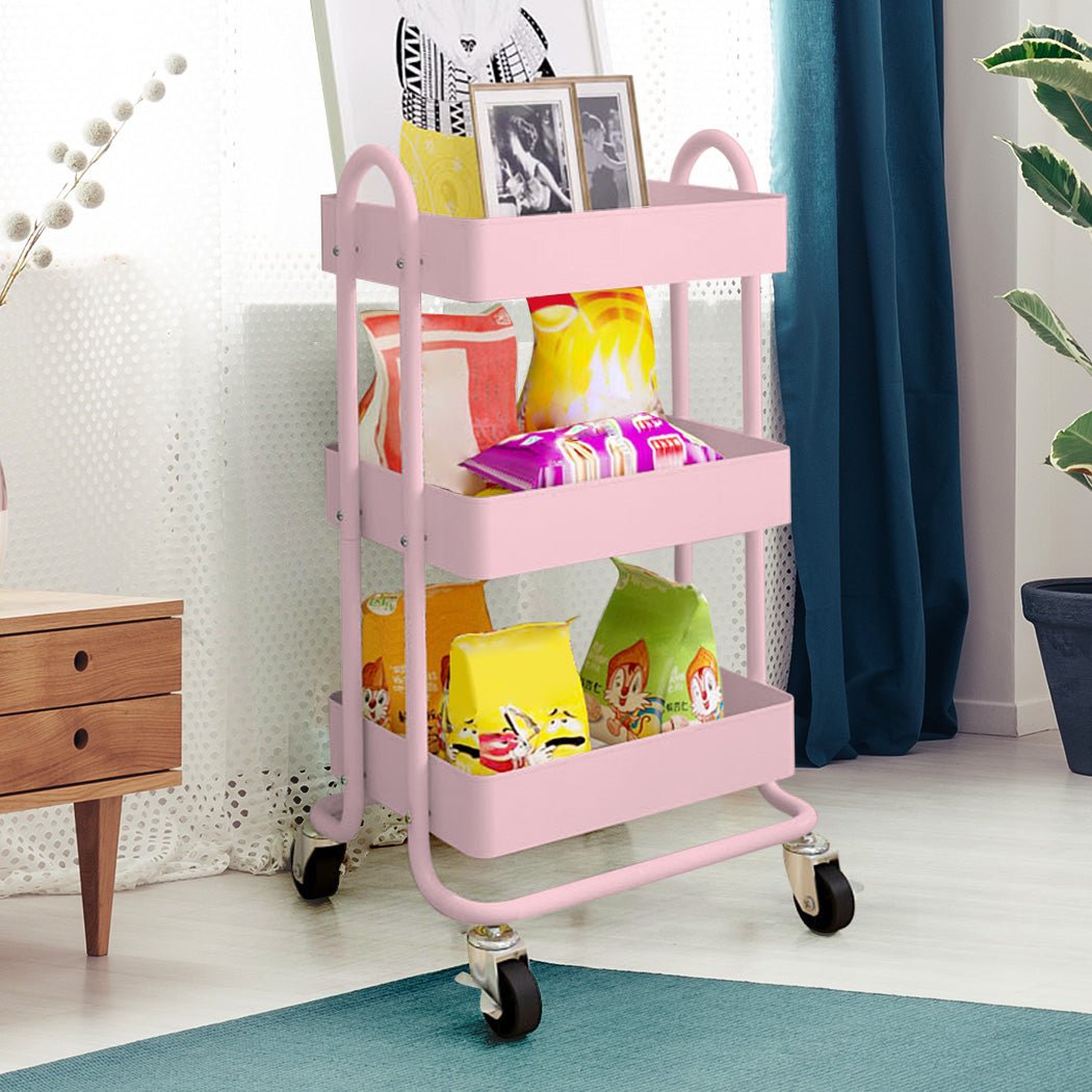 3 - Tier Kitchen Trolley Cart with Wheels - Pink - Rivercity House & Home Co. (ABN 18 642 972 209) - Affordable Modern Furniture Australia