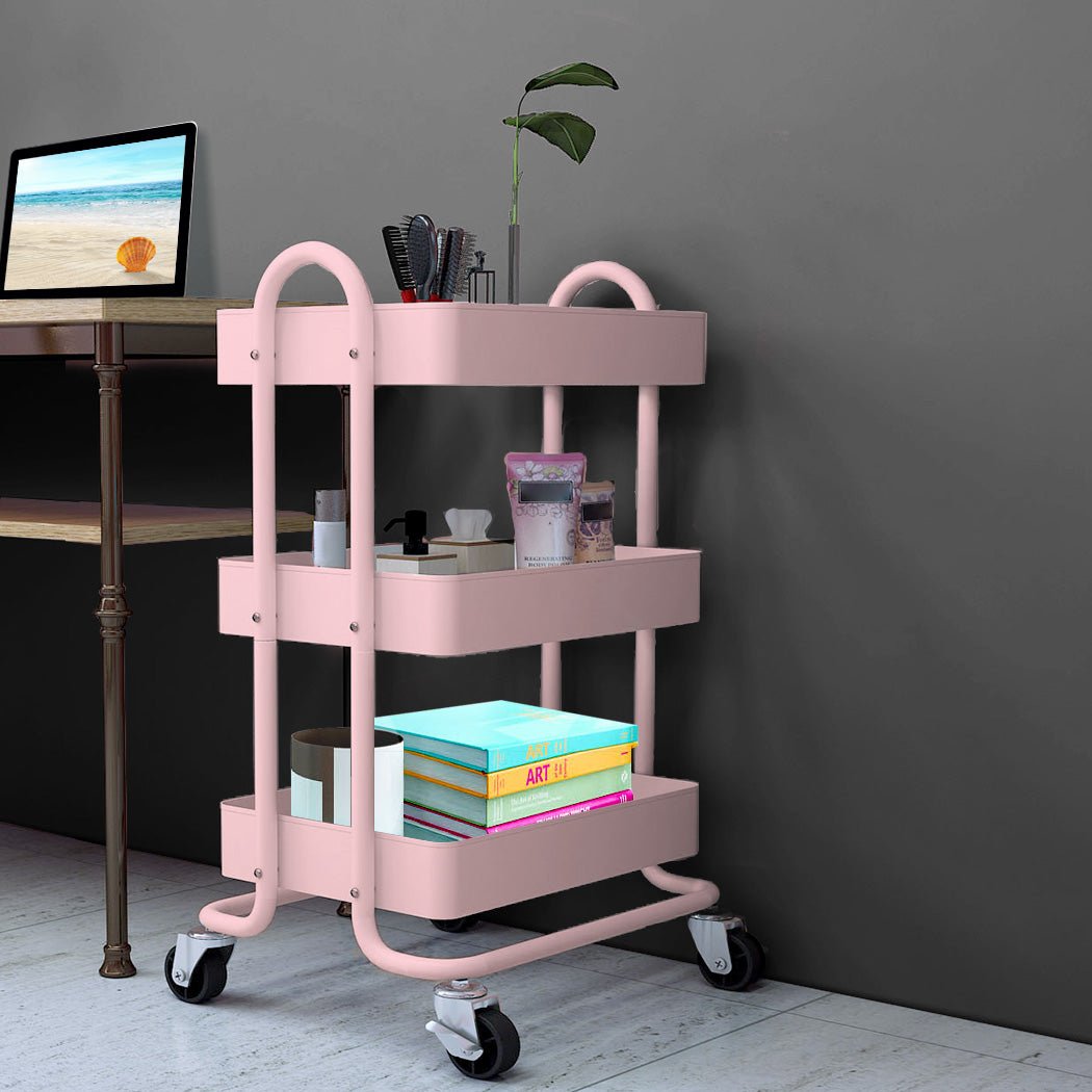 3 - Tier Kitchen Trolley Cart with Wheels - Pink - Rivercity House & Home Co. (ABN 18 642 972 209) - Affordable Modern Furniture Australia