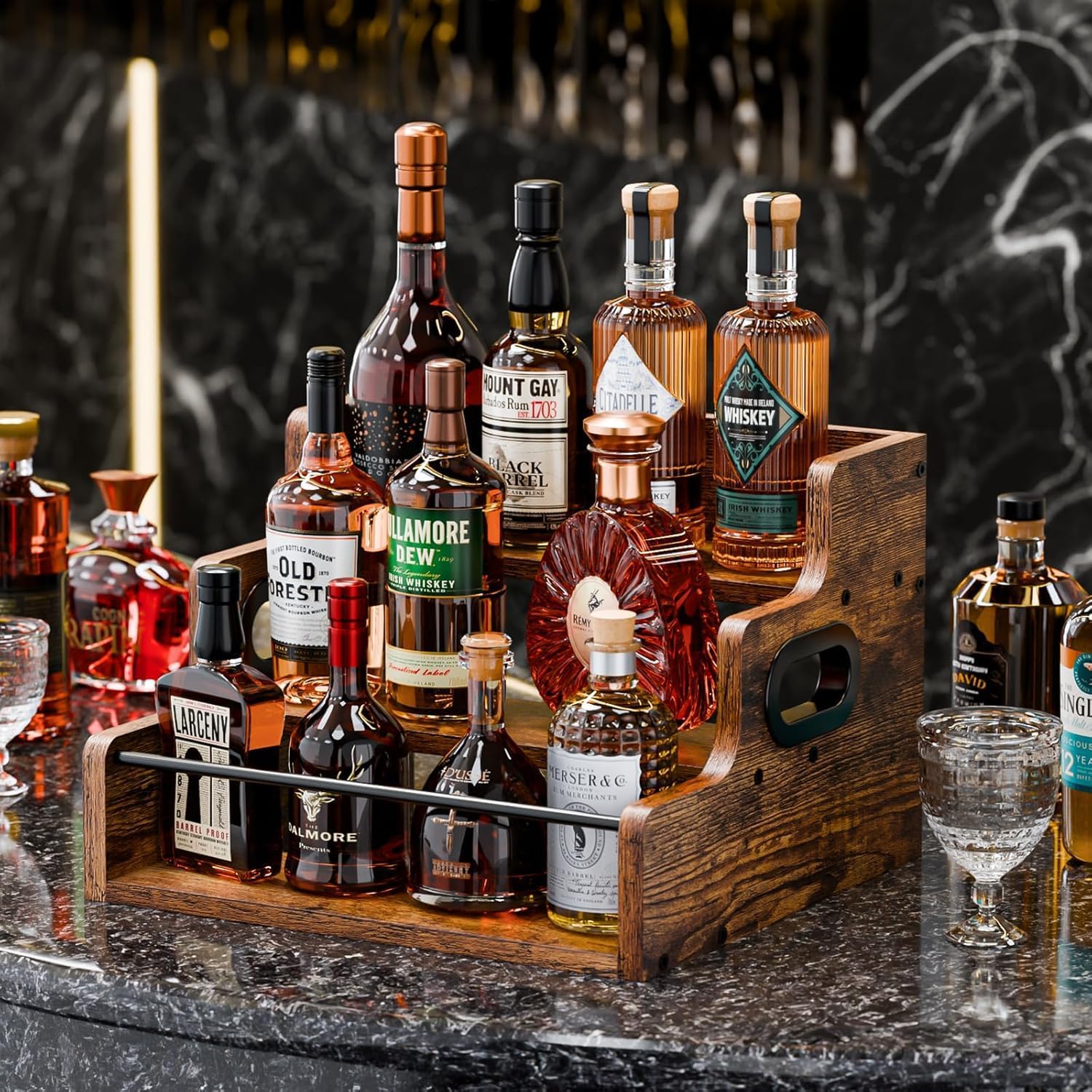 3 - Tier Liquor Bottle Display Shelf Rack Bar Organiser for Whiskey Wine Spirits - Brown - Furniture > Dining > Wine Racks - Rivercity House & Home Co. (ABN 18 642 972 209) - Affordable Modern Furniture Australia
