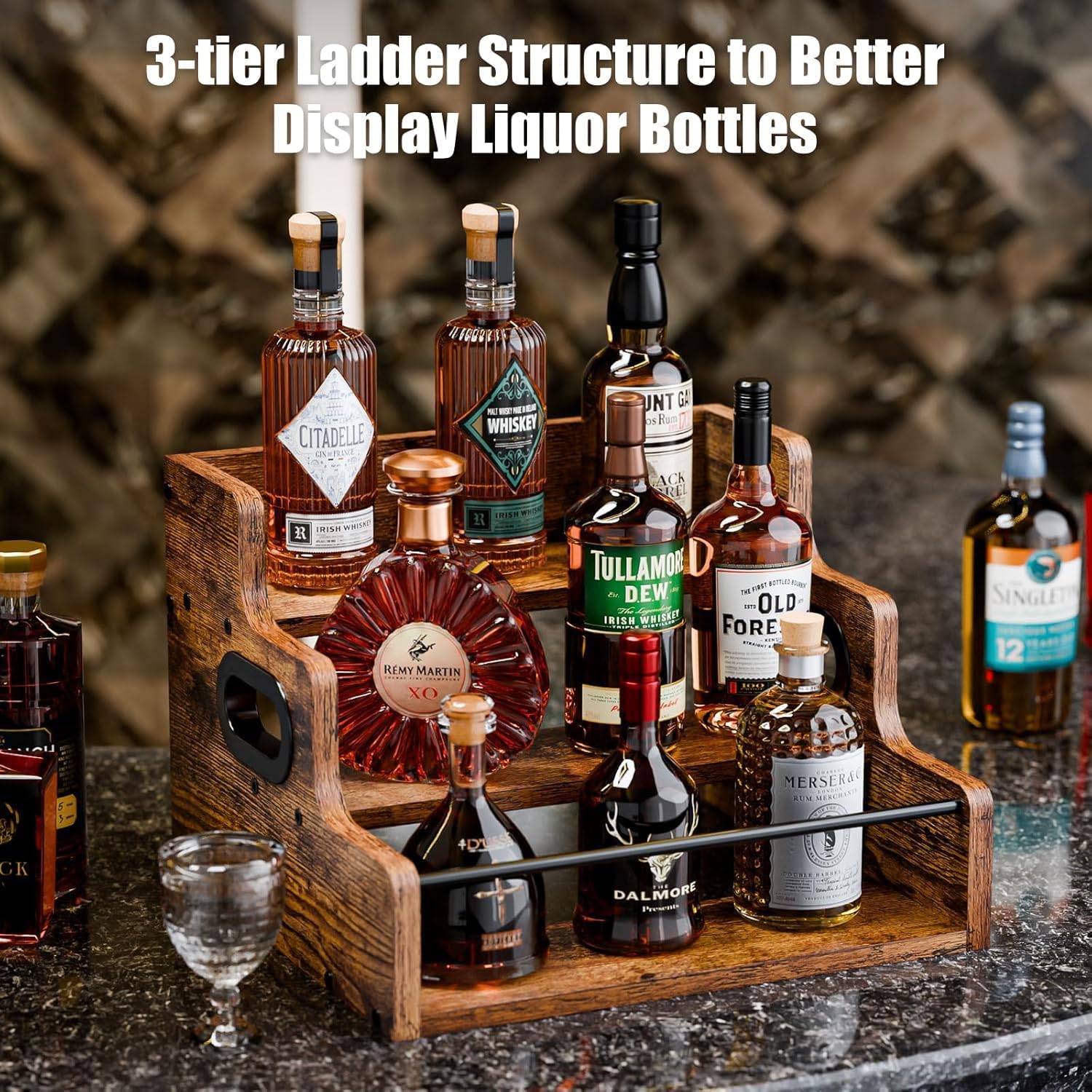 3 - Tier Liquor Bottle Display Shelf Rack Bar Organiser for Whiskey Wine Spirits - Brown - Furniture > Dining > Wine Racks - Rivercity House & Home Co. (ABN 18 642 972 209) - Affordable Modern Furniture Australia