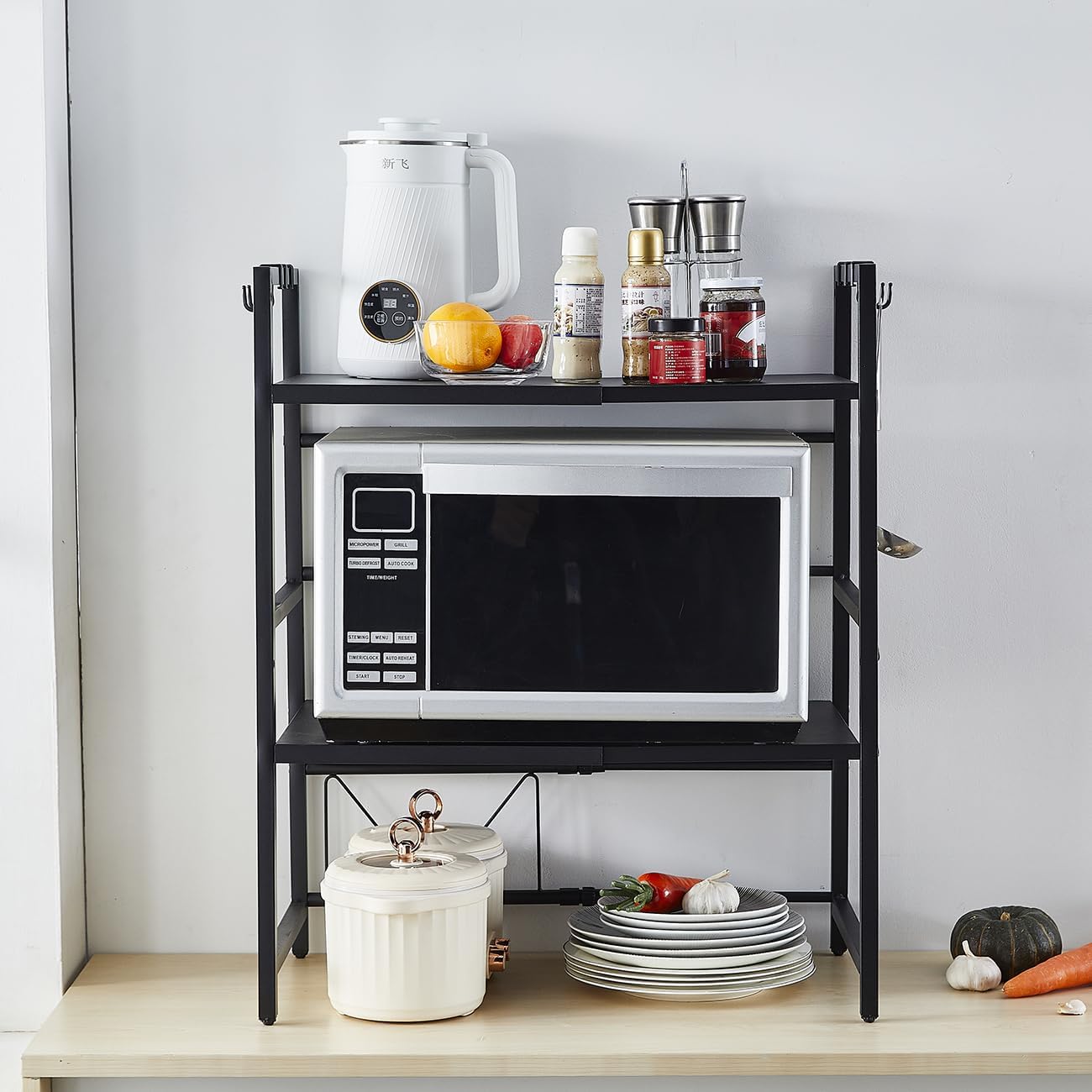 3 - Tier Microwave Oven Rack with Adjustable Metal Kitchen Shelf Stand for Countertop Storage and 6 Hooks for Utensils - Home & Garden > DIY > Kitchen & Bathroom DIY - Rivercity House & Home Co. (ABN 18 642 972 209) - Affordable Modern Furniture Australia