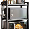 3-Tier Adjustable Metal Microwave Oven Rack with 6 Utensil Hooks for Countertop Storage - Black