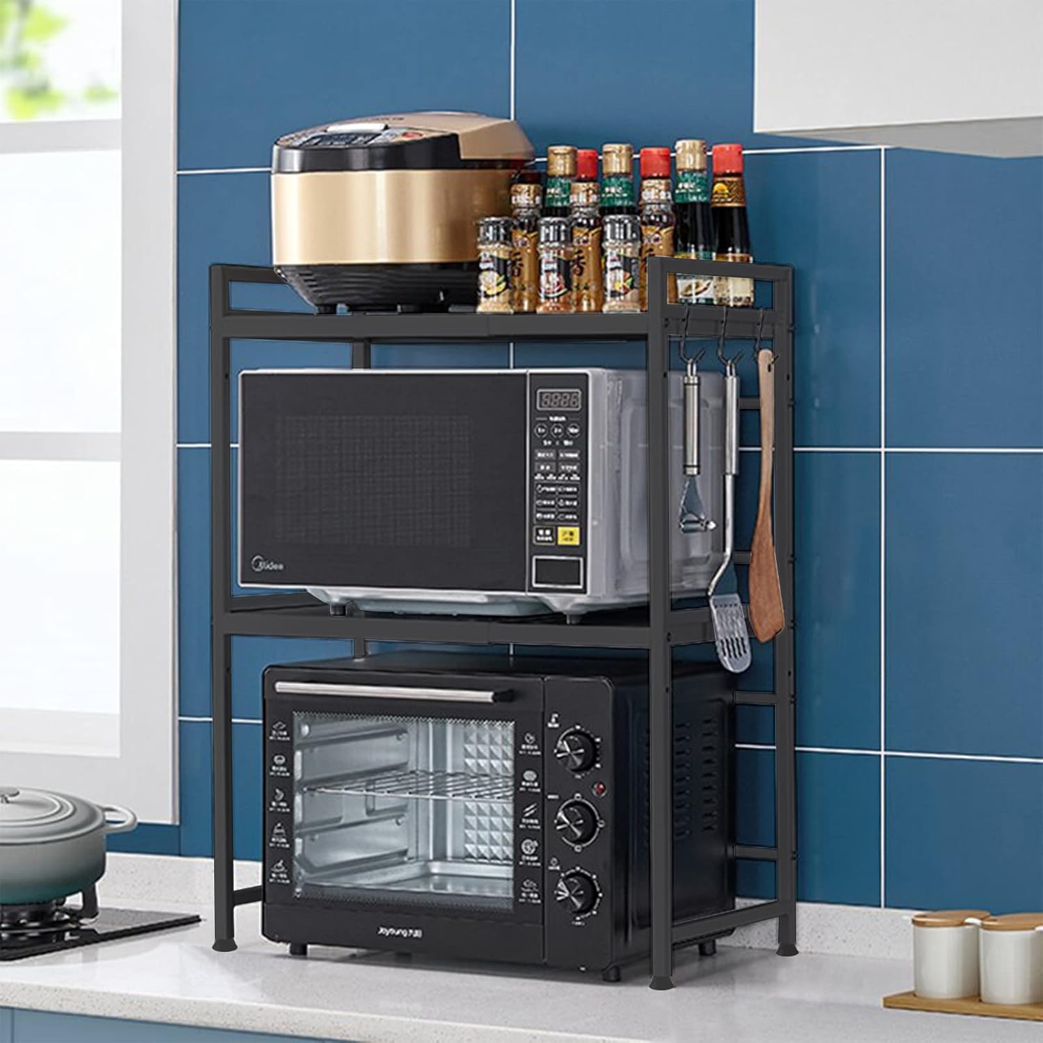 3 - Tier Microwave Oven Rack with Adjustable Metal Kitchen Shelf Stand for Countertop Storage and 6 Hooks for Utensils - Home & Garden > DIY > Kitchen & Bathroom DIY - Rivercity House & Home Co. (ABN 18 642 972 209) - Affordable Modern Furniture Australia