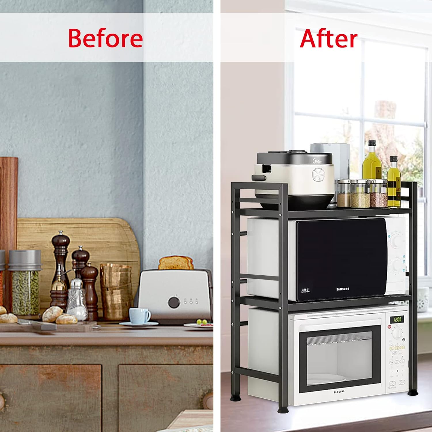 3 - Tier Microwave Oven Rack with Adjustable Metal Kitchen Shelf Stand for Countertop Storage and 6 Hooks for Utensils - Home & Garden > DIY > Kitchen & Bathroom DIY - Rivercity House & Home Co. (ABN 18 642 972 209) - Affordable Modern Furniture Australia