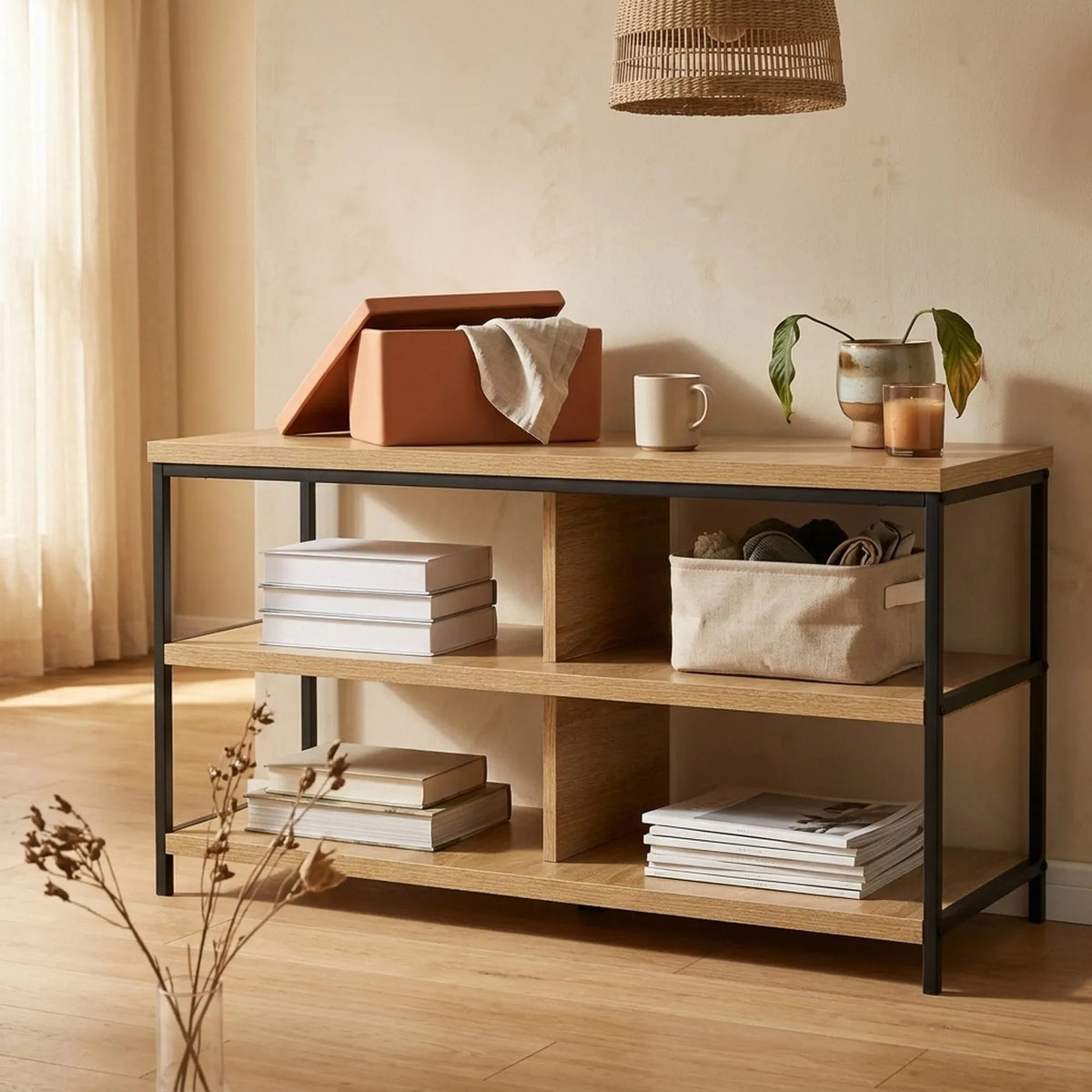 3 Tier Open Shelf TV Stand Entertainment Console 110cm - Brown Rustic Steel - Furniture > Living Room > TV Units - Rivercity House & Home Co. (ABN 18 642 972 209) - Affordable Modern Furniture Australia