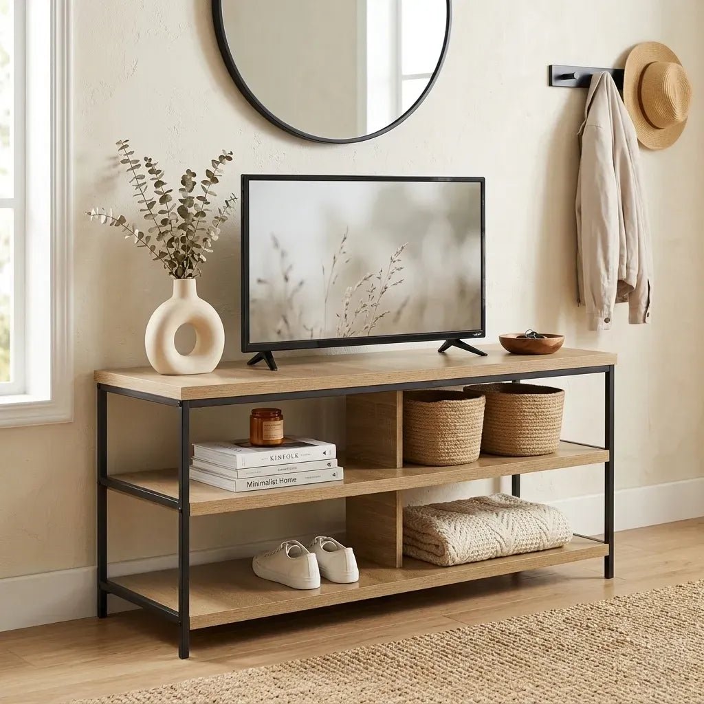 3 Tier Open Shelf TV Stand Entertainment Console 110cm - Brown Rustic Steel - Furniture > Living Room > TV Units - Rivercity House & Home Co. (ABN 18 642 972 209) - Affordable Modern Furniture Australia