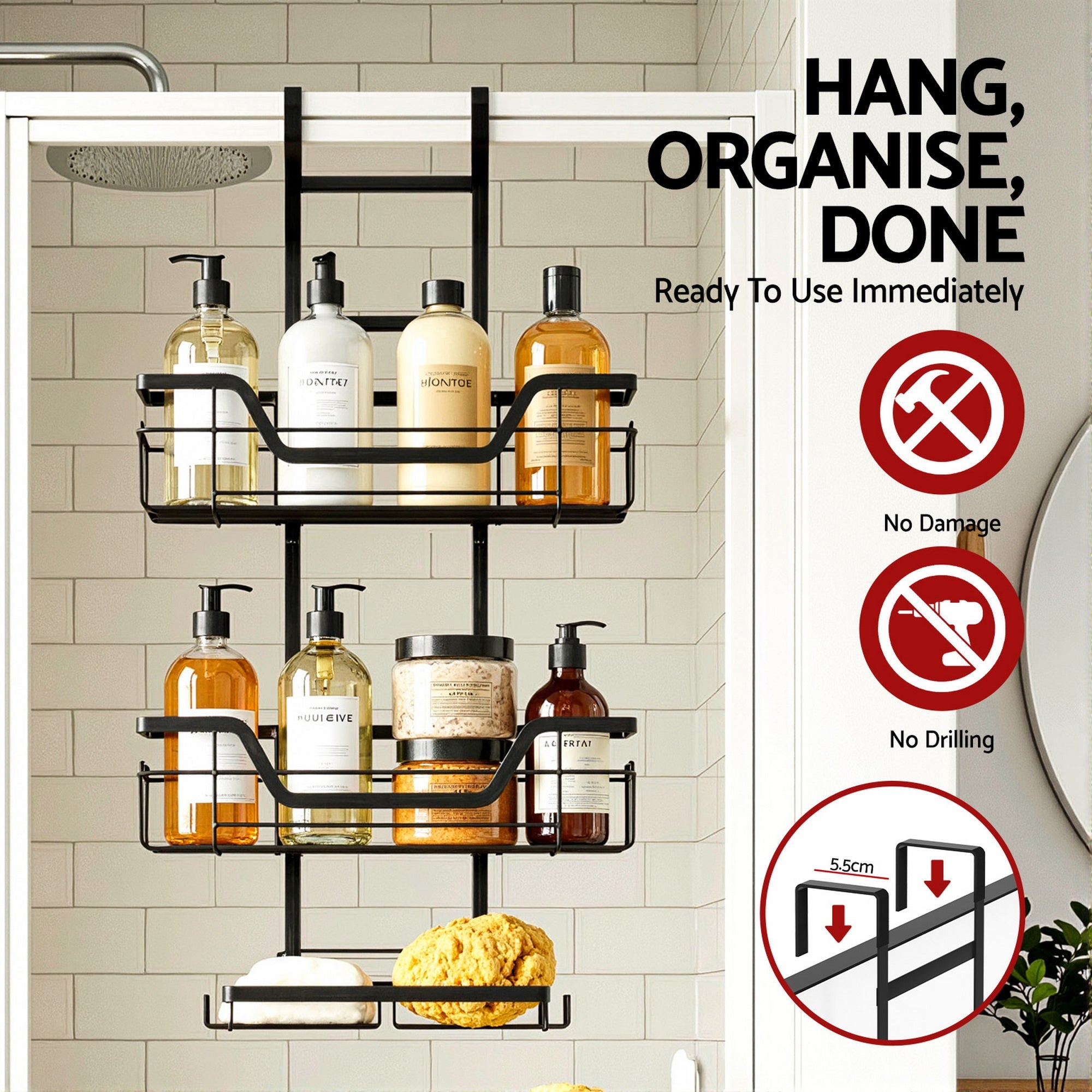 3 Tier Over The Door Shower Caddy Hanging Bathroom Storage Organizer - Furniture > Bathroom > Bathroom Cabinets, Cupboards & Storage - Rivercity House & Home Co. (ABN 18 642 972 209) - Affordable Modern Furniture Australia