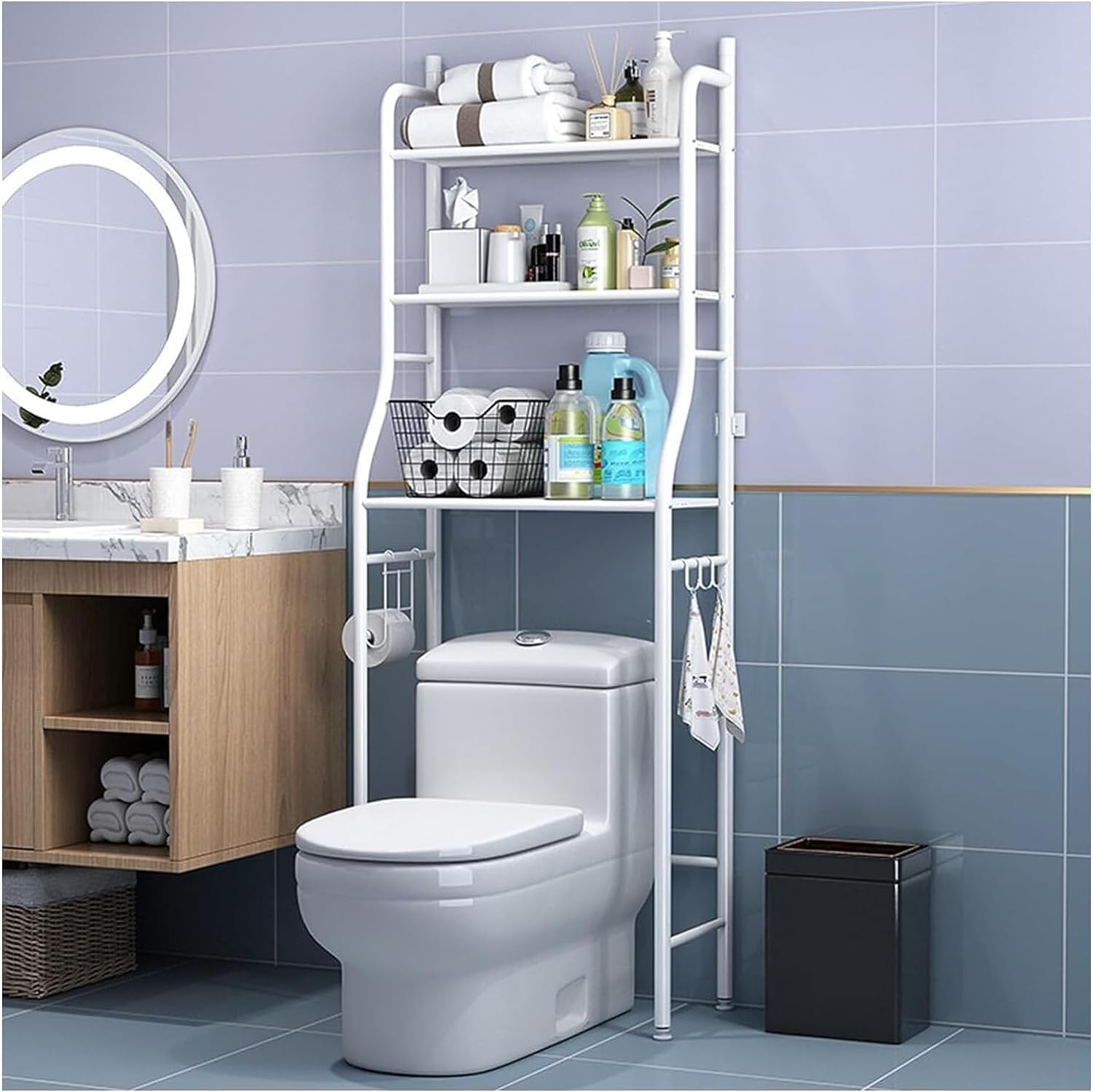 3 - Tier Over The Toilet Storage Rack with Hooks & Paper Holder for Bathroom & Laundry Room - Home & Garden > Laundry & Cleaning > Laundry Storage - Rivercity House & Home Co. (ABN 18 642 972 209) - Affordable Modern Furniture Australia