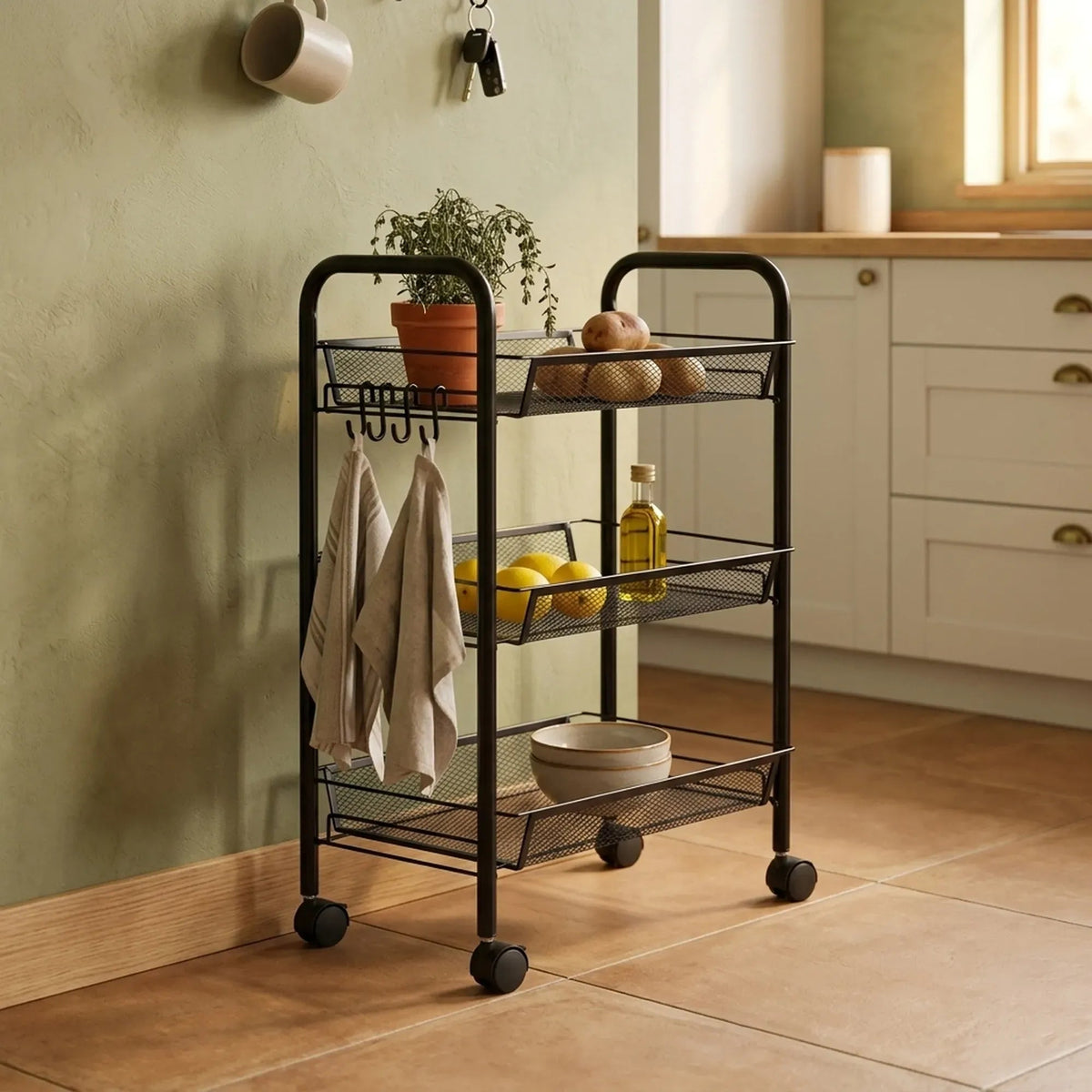 3 Tier Rolling Kitchen Trolley Cart Metal Mesh Steel - Black - Furniture > Dining > Kitchen & Dining Trolleys - Rivercity House & Home Co. (ABN 18 642 972 209) - Affordable Modern Furniture Australia
