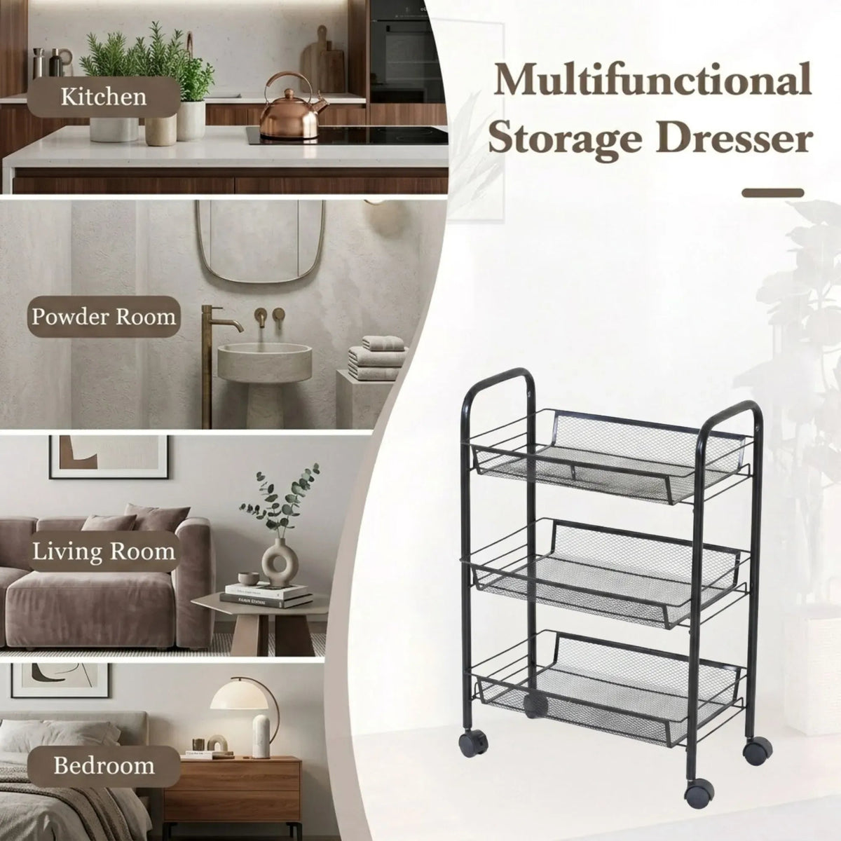 3 Tier Rolling Kitchen Trolley Cart Metal Mesh Steel - Black - Furniture > Dining > Kitchen & Dining Trolleys - Rivercity House & Home Co. (ABN 18 642 972 209) - Affordable Modern Furniture Australia