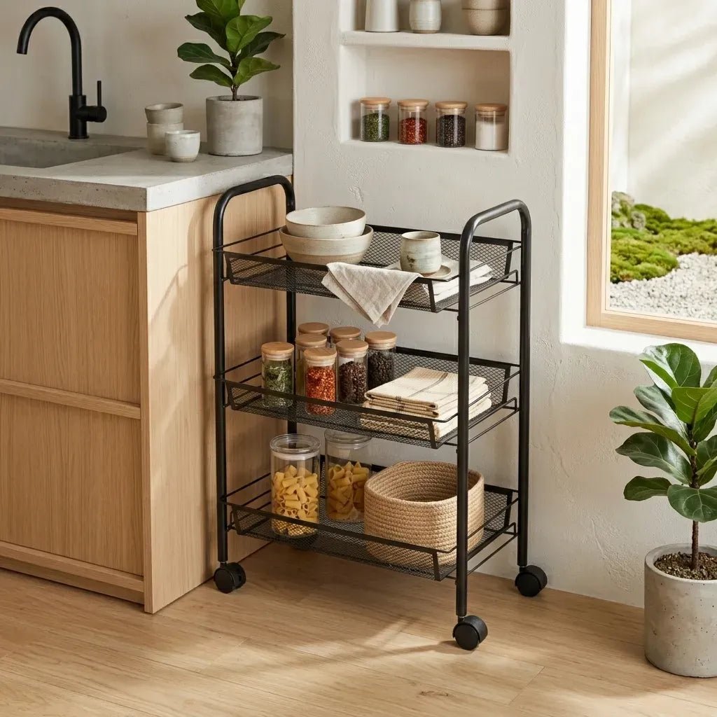 3 Tier Rolling Kitchen Trolley Cart Metal Mesh Steel - Black - Furniture > Dining > Kitchen & Dining Trolleys - Rivercity House & Home Co. (ABN 18 642 972 209) - Affordable Modern Furniture Australia