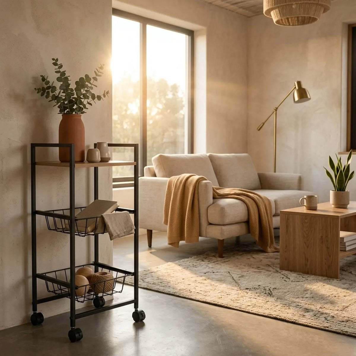 3 Tier Rolling Kitchen Trolley Cart with Steel Frame and MDF Top Shelf - Rustic Brown - Furniture > Dining > Kitchen & Dining Trolleys - Rivercity House & Home Co. (ABN 18 642 972 209) - Affordable Modern Furniture Australia