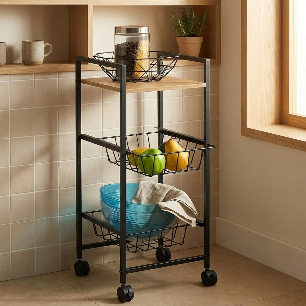 3 Tier Rolling Kitchen Trolley Cart with Steel Frame and MDF Top Shelf - Rustic Brown - Furniture > Dining > Kitchen & Dining Trolleys - Rivercity House & Home Co. (ABN 18 642 972 209) - Affordable Modern Furniture Australia